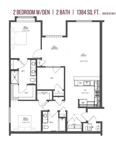 Floor plan for 2 beds, 2 baths, 1367 sqft